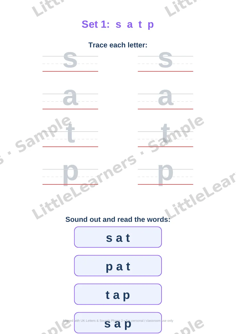 Phonics Phase 2 (Letters & Sounds) sample page 1