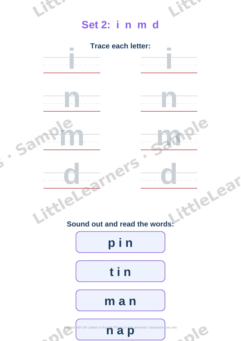 Phonics Phase 2 (Letters & Sounds) sample page 2