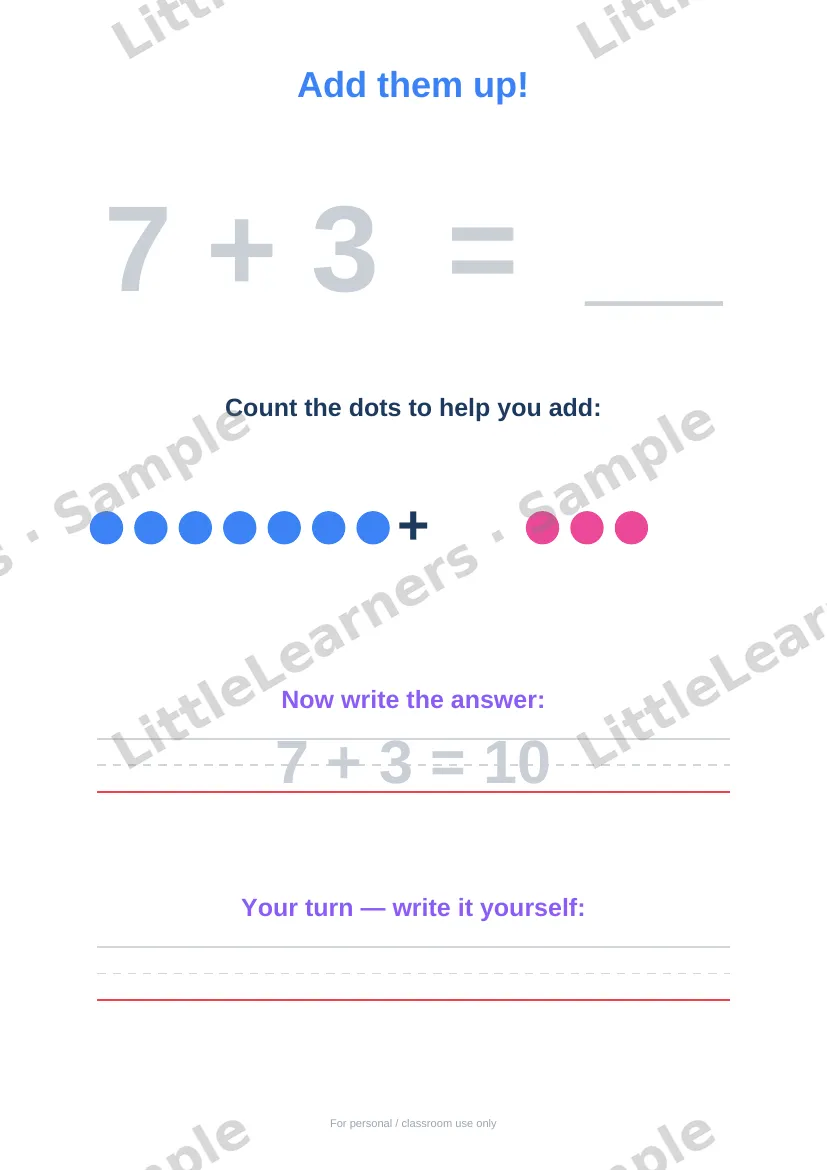Simple Addition to 10 sample page 3